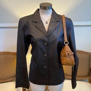 Vintage Dark Brown Croc-Embossed Genuine Leather Jacket Blazer, Women's Large